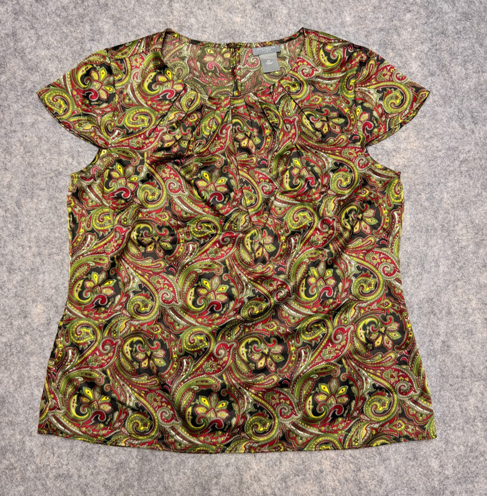 Ann Taylor Blouse Top Women's Petite 8 Multicolor Paisley Cap Sleeve Ruched Neck